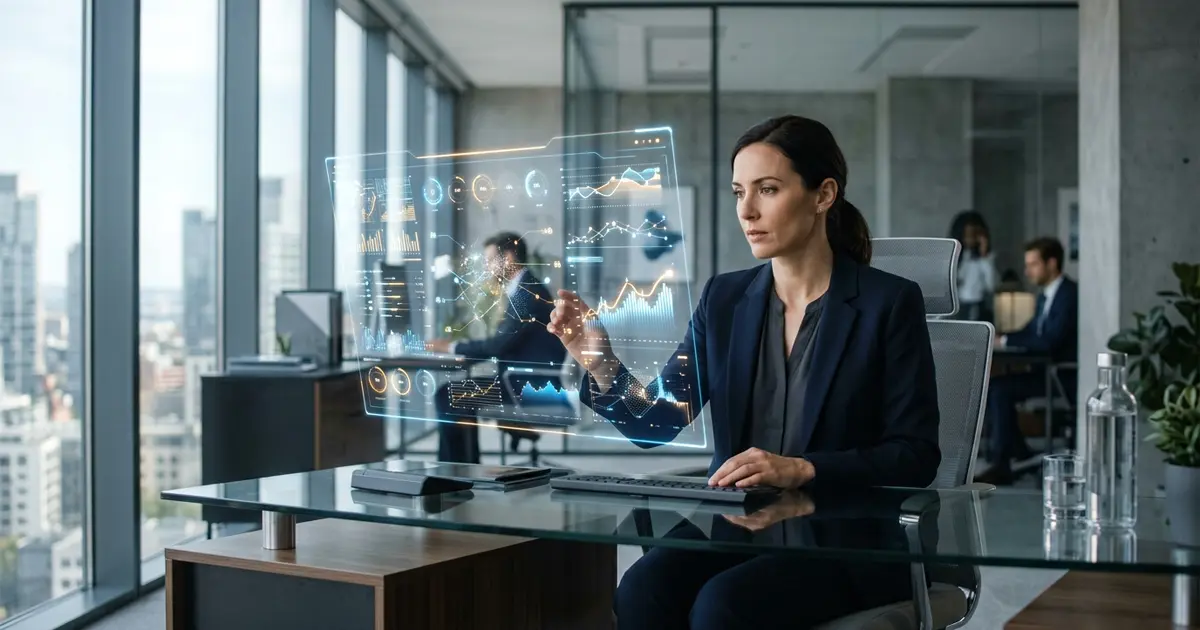 Especialista analizando métricas de rendimiento y competencias en una interfaz digital moderna