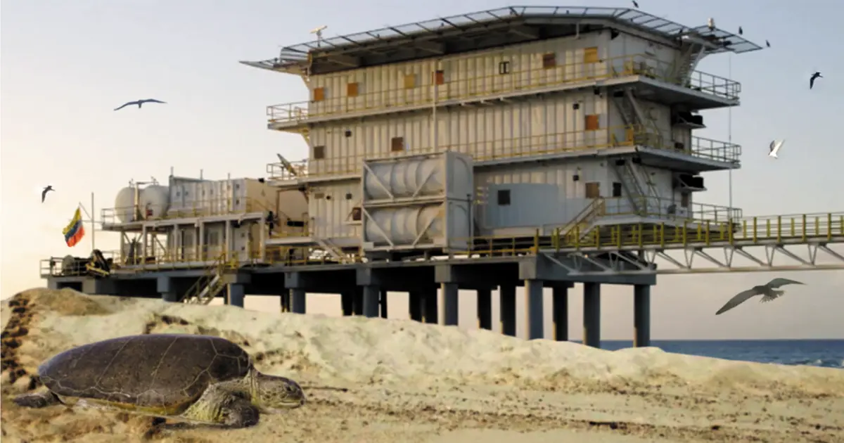Estructura de la Base Científico Naval Simón Bolívar elevada sobre la plataforma marina de la Isla de Aves.