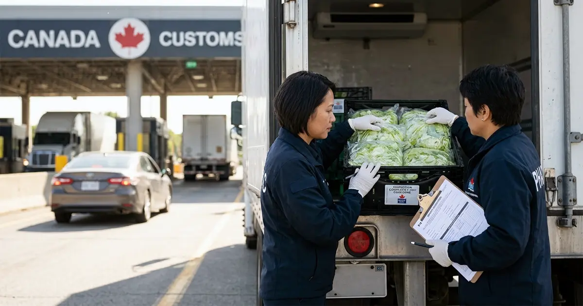 Oficiales de salud canadienses inspeccionan cargamento de lechuga importada en un puesto fronterizo.