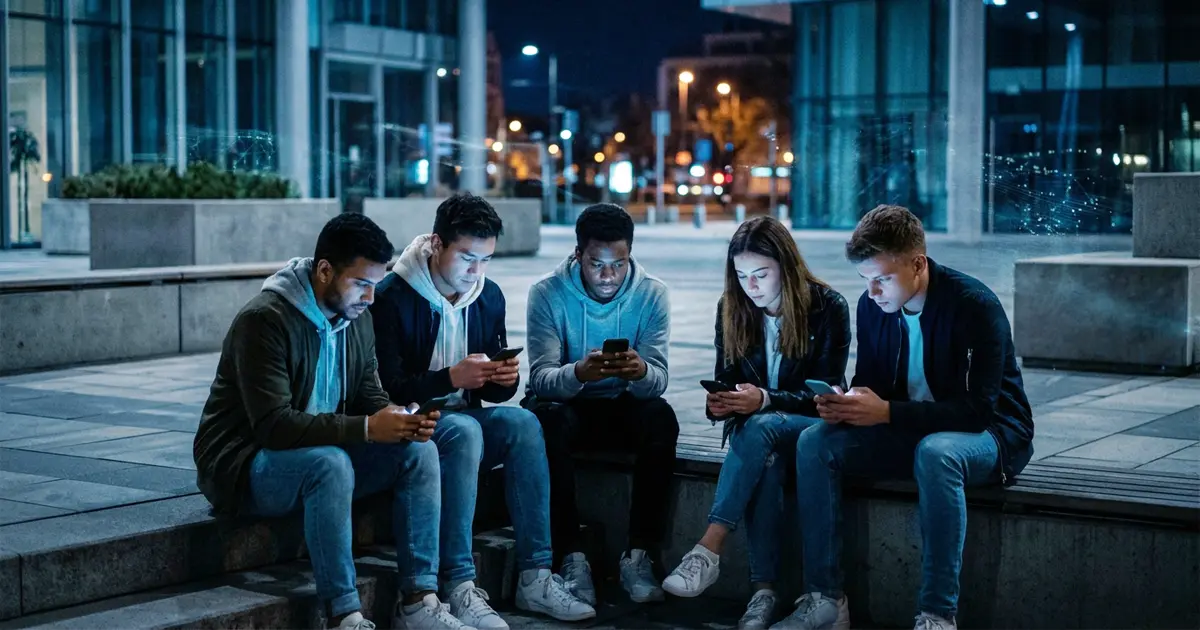 Jóvenes aislados mirando sus teléfonos inteligentes con luz azul en un entorno urbano nocturno.