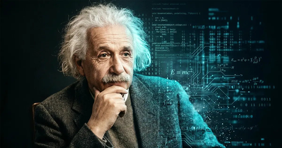 Retrato de Albert Einstein pensativo rodeado por códigos digitales y tonos cian que simbolizan la era digital