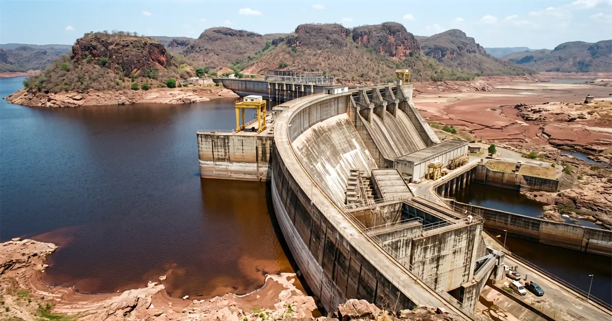 Visualización prospectiva de un embalse en Venezuela mostrando niveles bajos de agua y tierra expuesta por sequía.