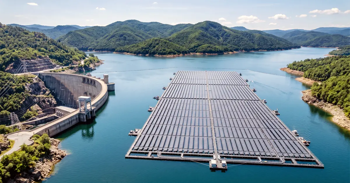 Paneles solares flotantes instalados sobre el agua de un embalse hidroeléctrico bajo un cielo despejado y soleado.