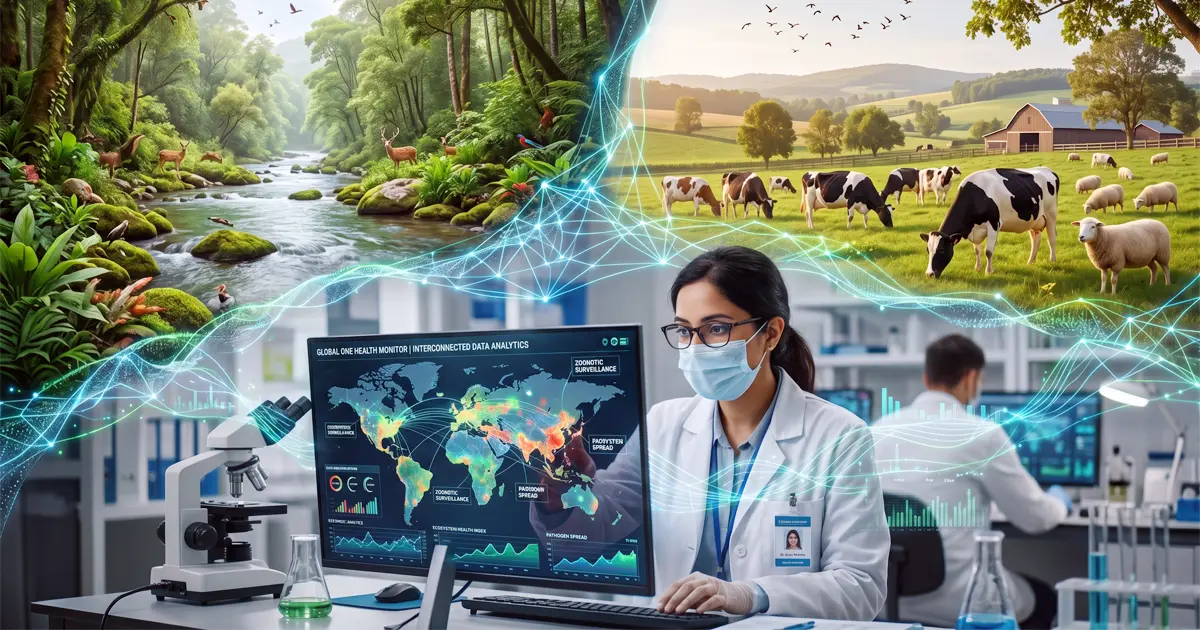 Composición conceptual del enfoque Una Sola Salud conectando el medio ambiente, los animales y datos médicos globales.