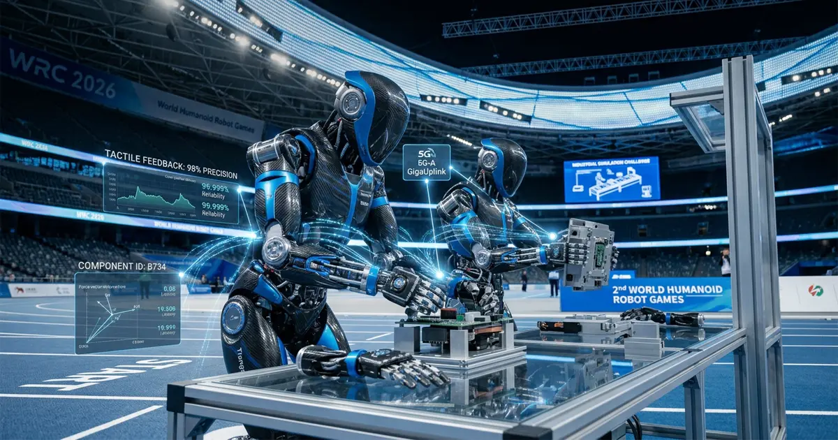 Representación de robots realizando ensamblaje industrial de precisión en la arena de Pekín.
