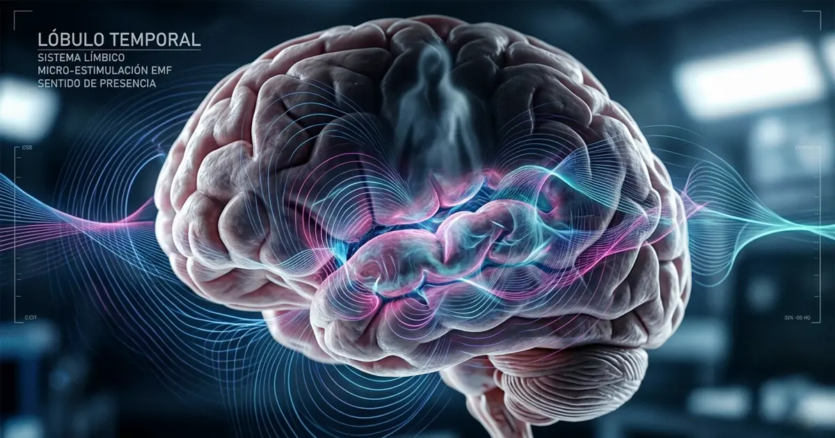 Visualización médica que muestra la interacción de campos electromagnéticos irregulares estimulando el lóbulo temporal del cerebro humano, creando la proyección de una figura de presencia etérea