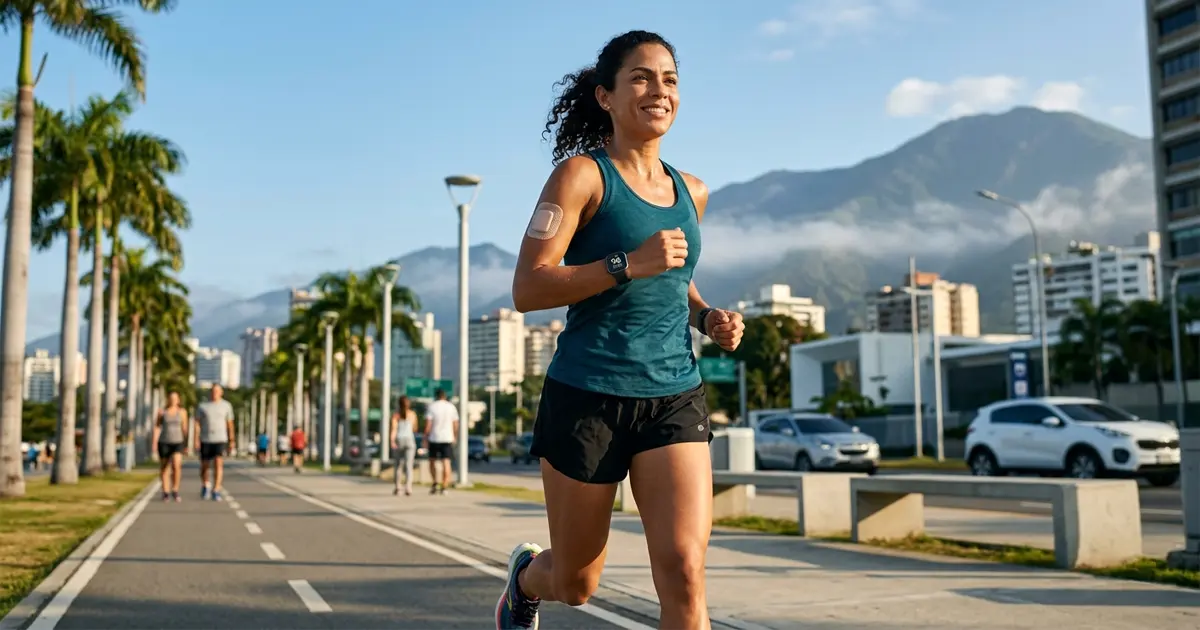 Mujer trotando al aire libre con sensor de glucosa en el brazo