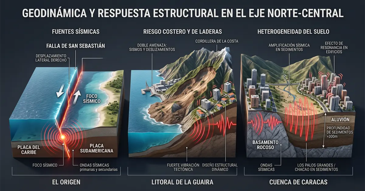 Infografía que integra la Falla de San Sebastián, deslizamientos en La Guaira y amplificación en Los Palos Grandes.
