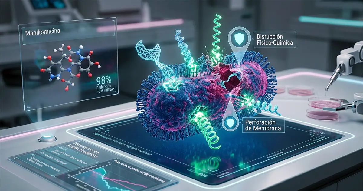 Modelo holográfico molecular que muestra la destrucción de la membrana de un bacilo resistente.