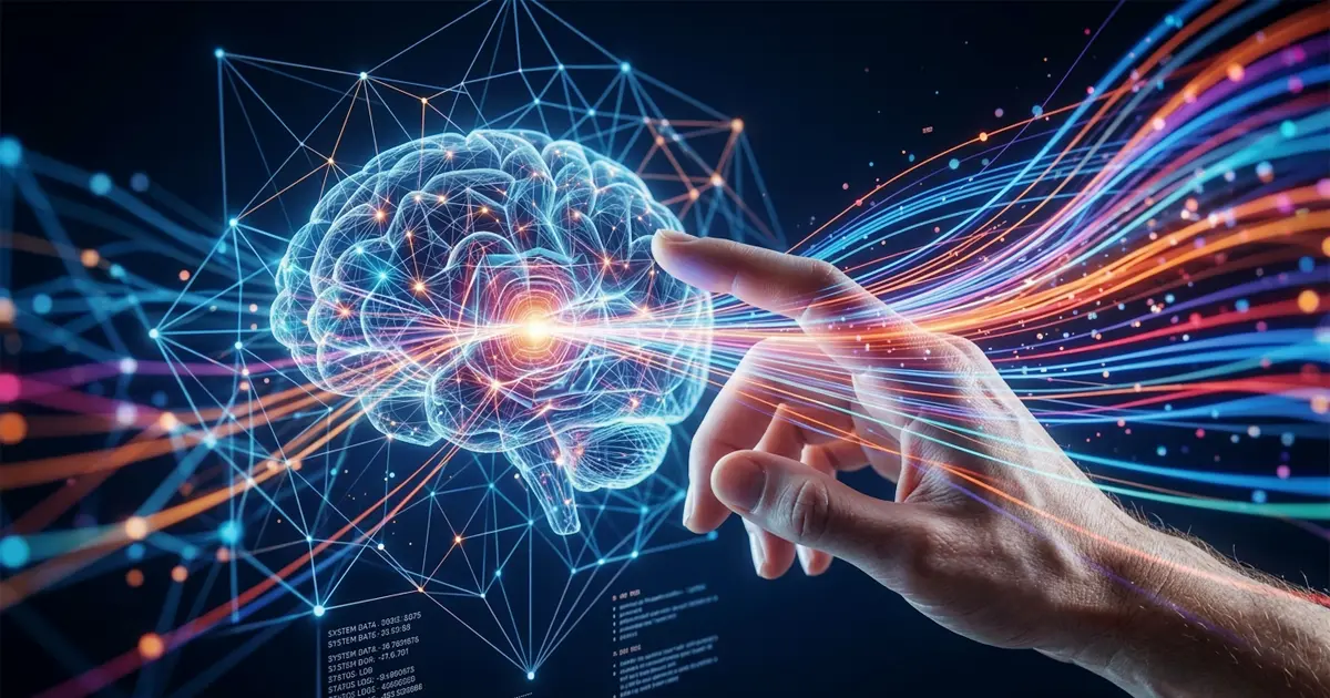 Mano humana interactuando con una interfaz holográfica de inteligencia artificial y redes neuronales brillantes.
