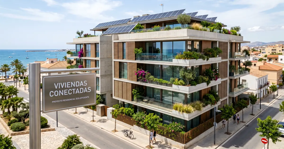 Fachada de un edificio residencial moderno y ecológico en una ciudad intermedia costera.