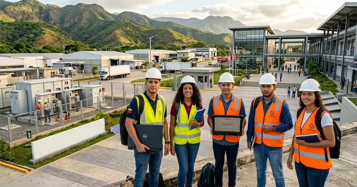 Ingenieros y estudiantes universitarios frente a las instalaciones de un parque tecnológico en Miranda