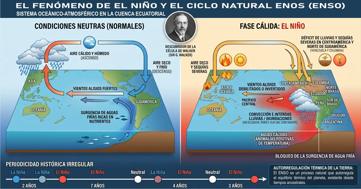 Infografía del fenómeno El Niño-ENOS, comparación de condiciones neutras y fase cálida en el Pacífico.
