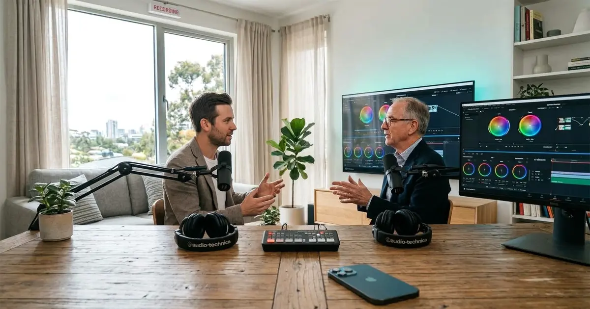 Estudio de grabación para la producción de videos horizontales largos y podcasts
