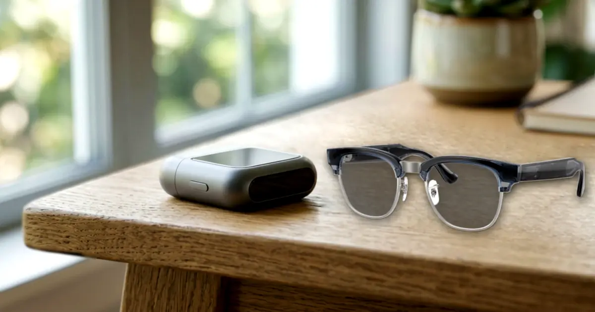 Dispositivo portátil de inteligencia artificial y lentes tecnológicos sobre un escritorio
