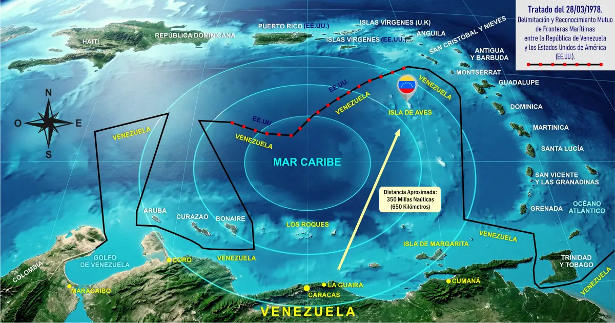 Mapa 3D del mar Caribe desde el espacio que muestra las costas de Venezuela, Puerto Rico e Isla de Aves.