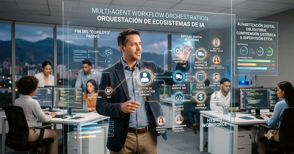 Gerente técnico interactúa con un panel digital transparente para coordinar flujos de trabajo multiagente de IA.