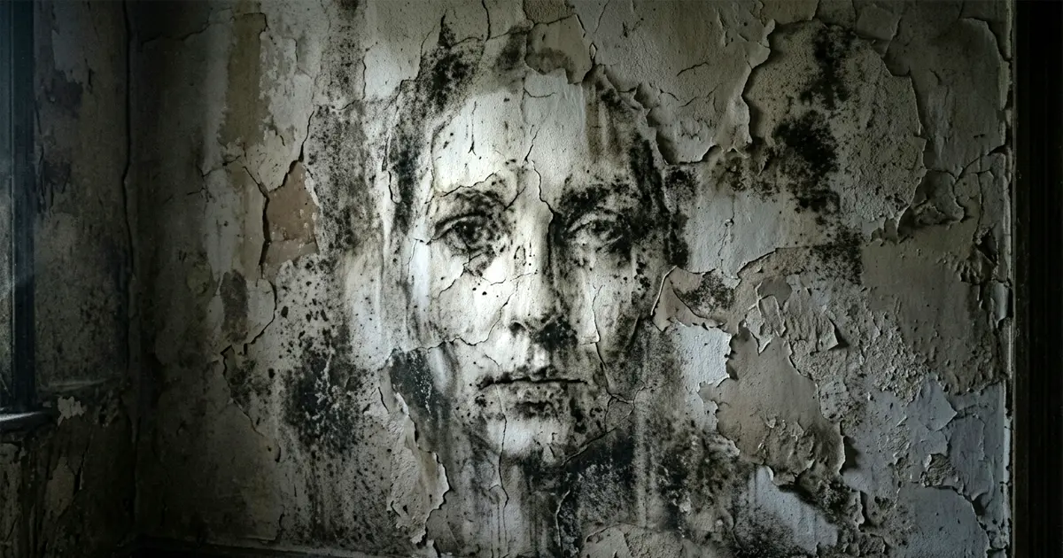 Fotografía en primer plano de una pared descascarada en una casa abandonada, donde las manchas de humedad y las grietas forman sutilmente la ilusión de un rostro humano, ilustrando la pareidolia.