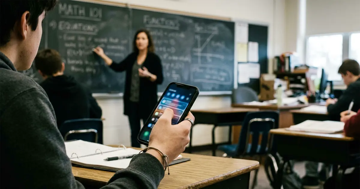 Uso de teléfono móvil y pantallas digitales en el salón de clases durante el horario de estudio escolar.
