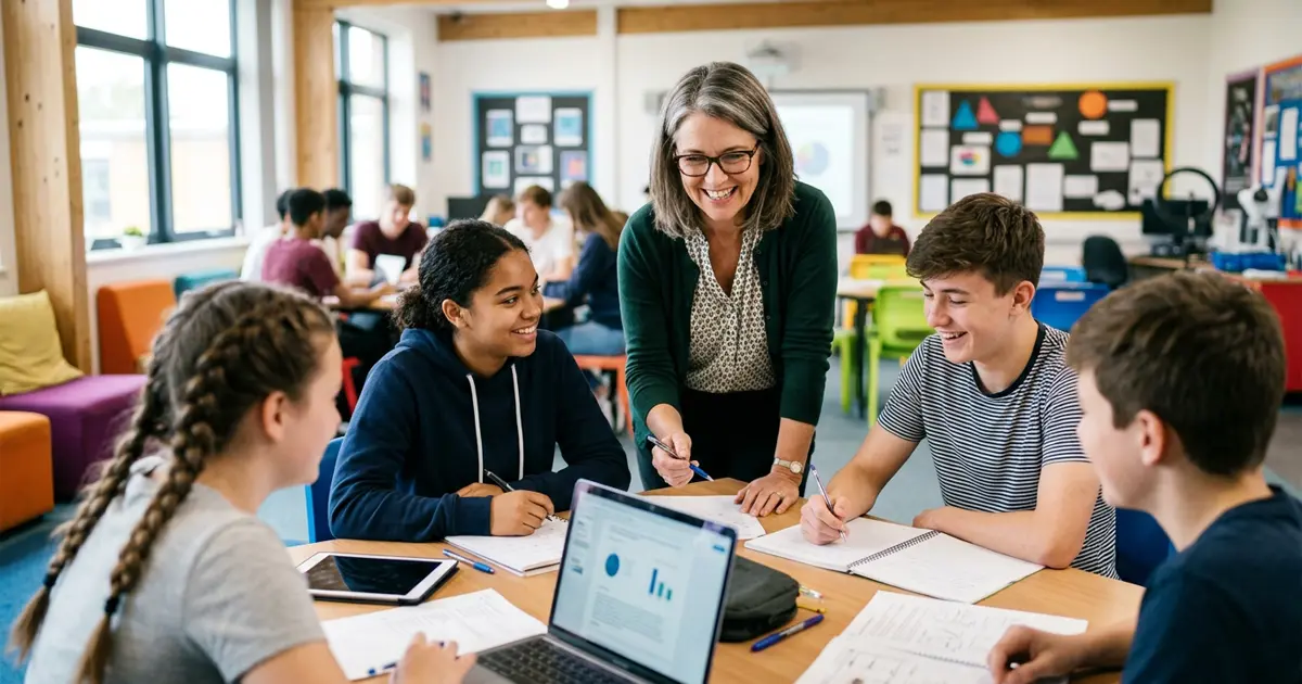 Profesor capacitando a estudiantes en un aula de clases moderna para mejorar el rendimiento escolar
