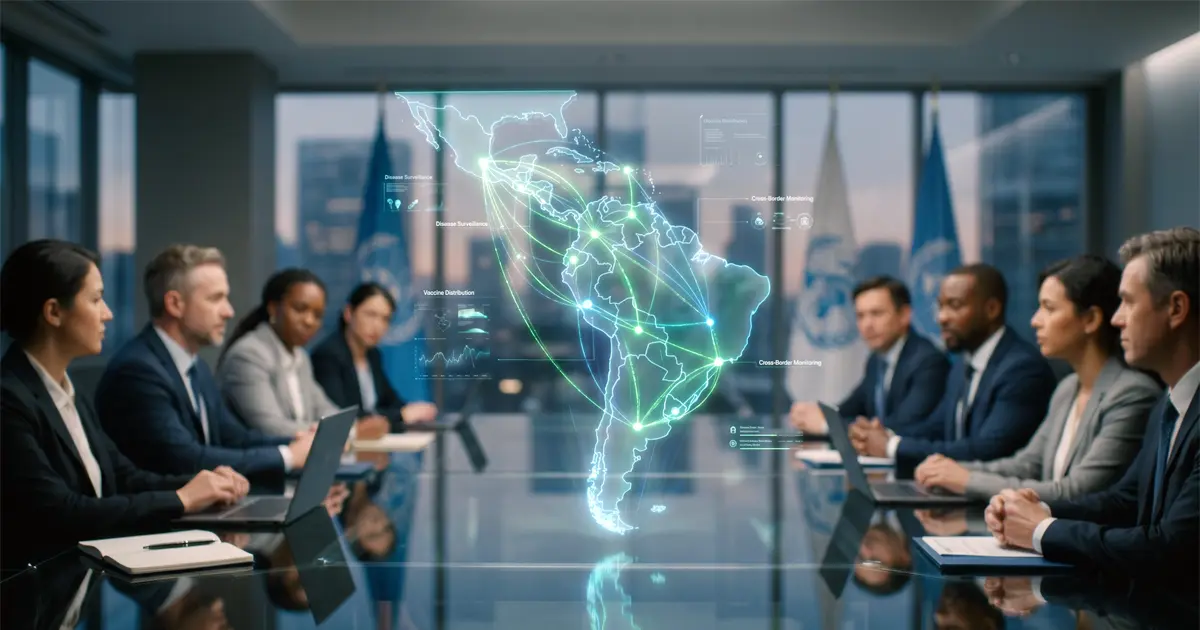 Mapa holográfico 3D de Latinoamérica interconectado con redes de datos de seguridad biológica globales.