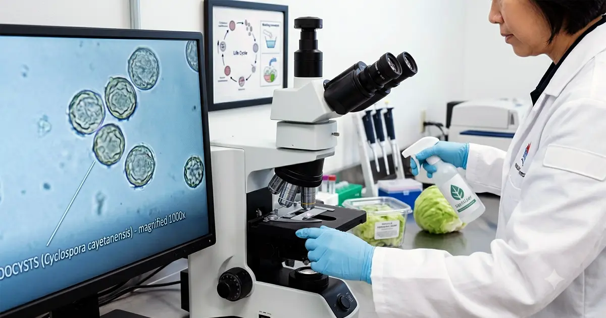 Laboratorio analizando el parásito Cyclospora junto a medidas de desinfección de alimentos.