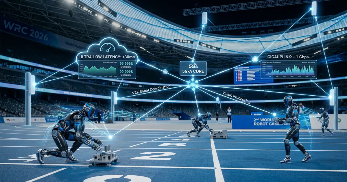 Representación de red privada 5G-Advanced conectando robots autónomos en la arena de Pekín.