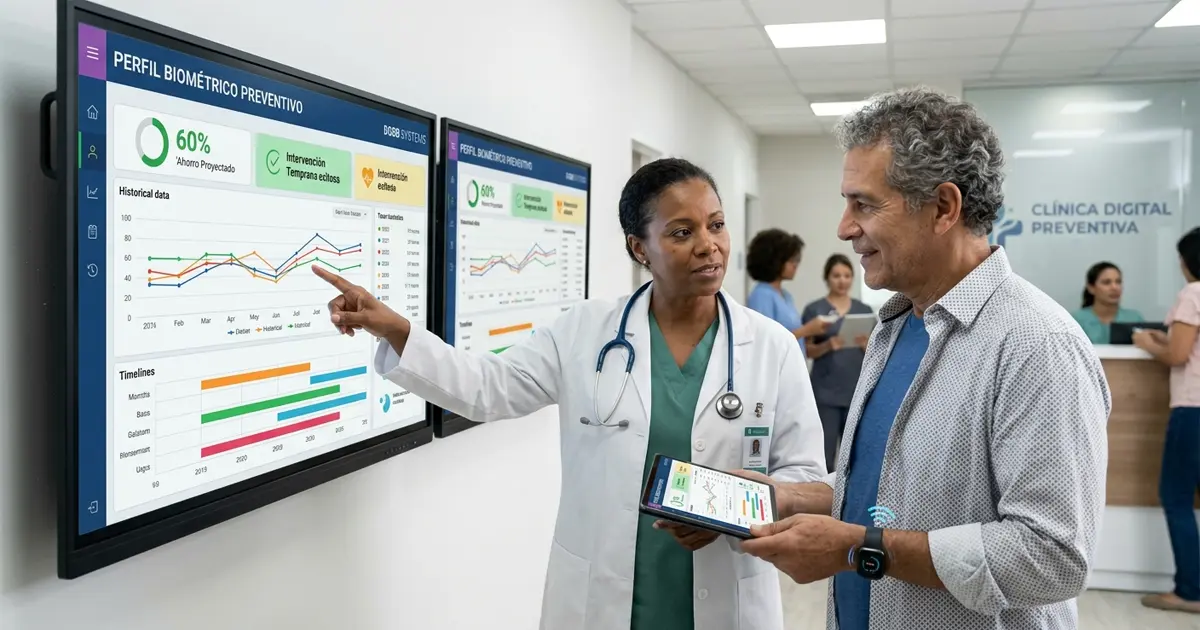 Un médico y un paciente adulto mayor en una clínica moderna revisando sus datos de salud.