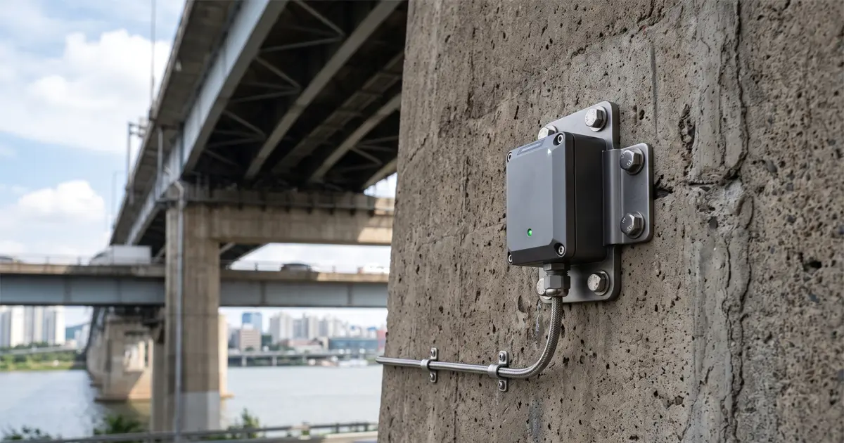 Nodo de sensores IoT industriales instalados en la base de un viaducto para registrar aceleraciones del terreno.