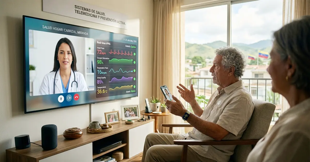 Adultos mayores utilizando el servicio de telemedicina en el hogar.