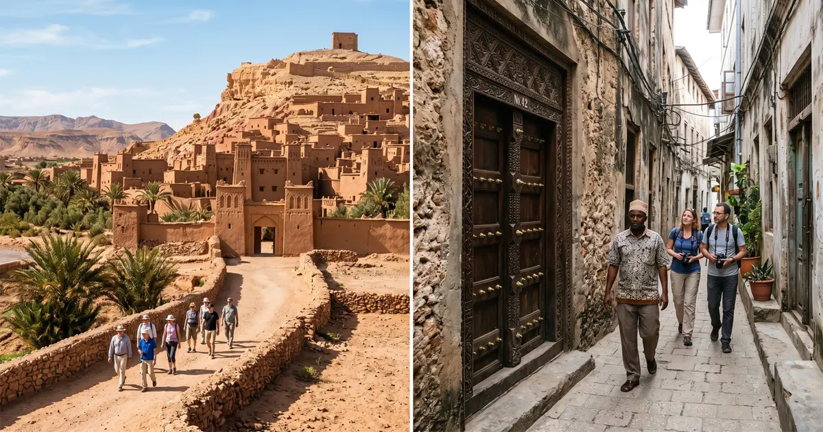 Composición fotográfica dividida que muestra el Ksar de Aït Ben Haddou en Marruecos y un callejón de la Ciudad de Piedra de Zanzíbar en Tanzania, destinos de los proyectos piloto de la UNESCO.