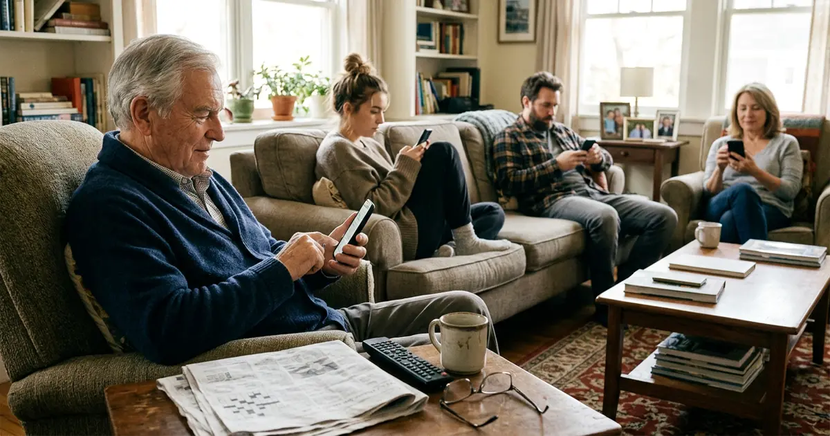 Personas de distintas generaciones miran videos cortos en sus teléfonos, incluido un adulto mayor